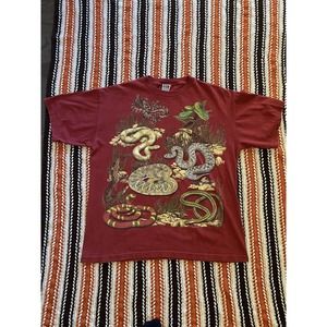 Vintage Mens Snakes All Over Print Graphic T-Shirt Red Printed Image 1998 XL